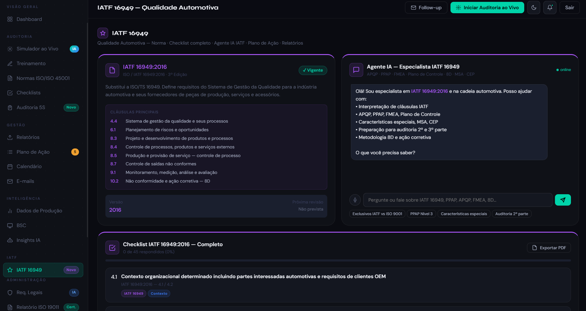 Módulo IATF 16949 — checklist e diagnóstico para setor automotivo